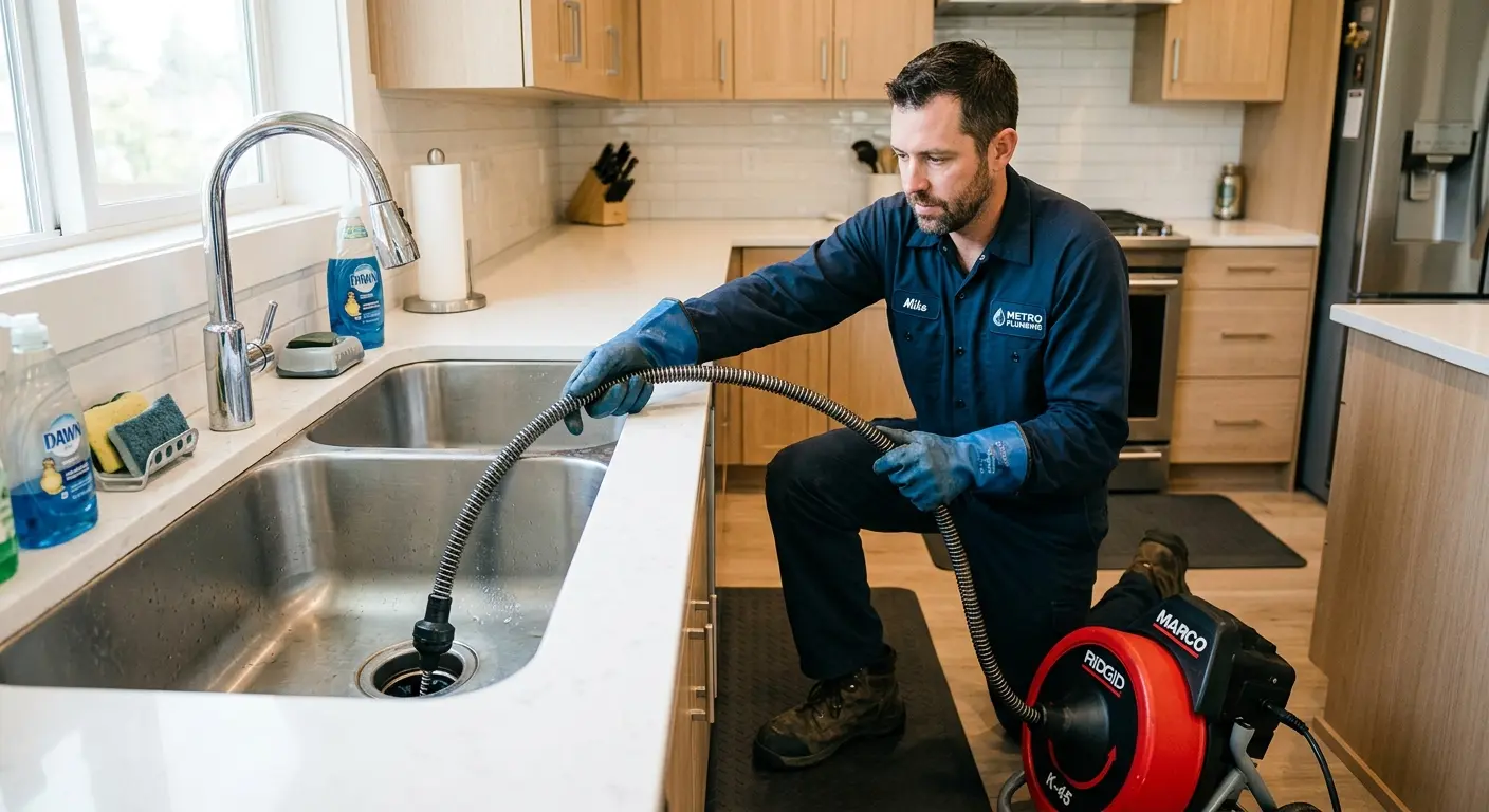 Drain cleaning technician using a motorized snake on a kitchen sink in Newcastle