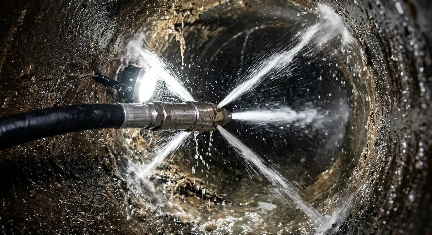 High-pressure hydro jetting nozzle cleaning sewer pipe for Trenchless Sewer Repair in Newcastle