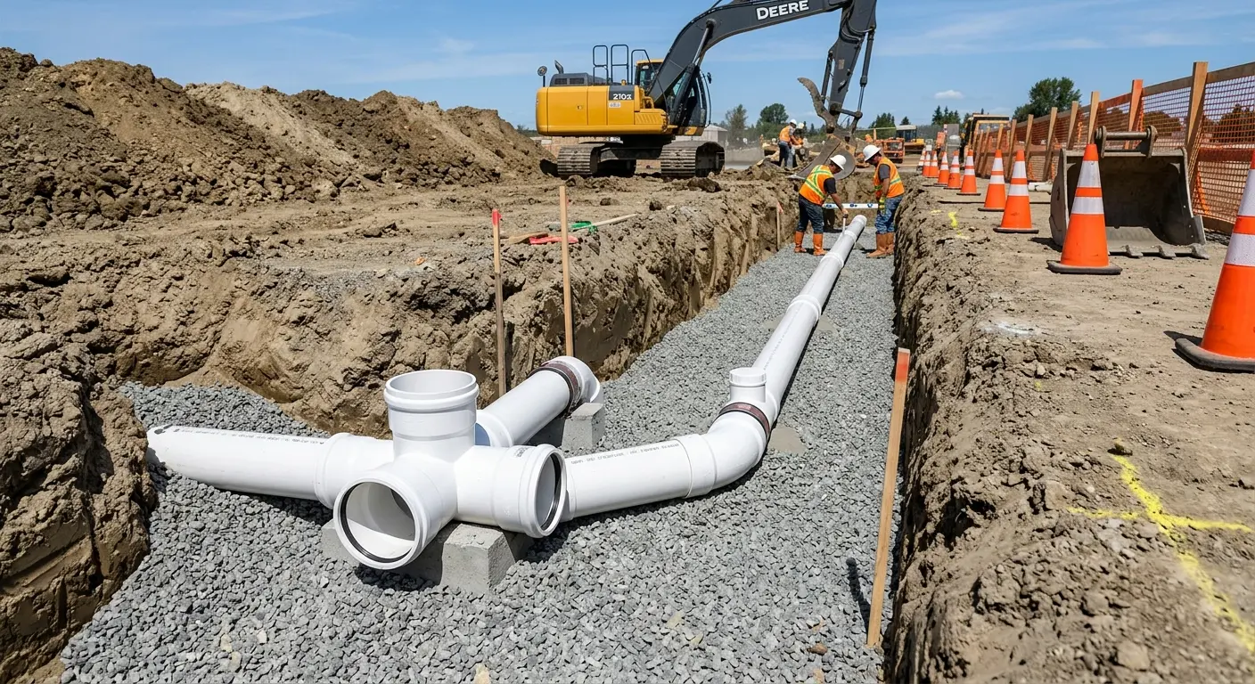 New PVC sewer pipe installation in open trench for Commercial Drain Cleaning in Newcastle