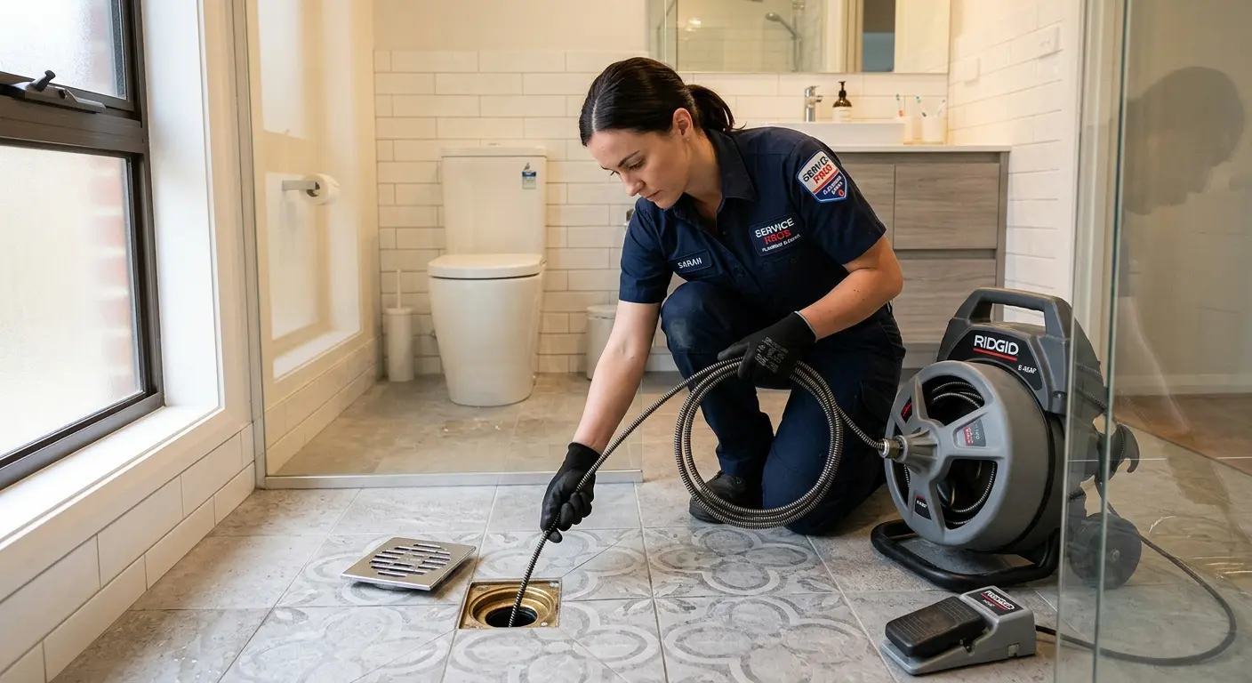 Technician clearing a bathroom floor drain for Clogged Drain Repair in Newcastle